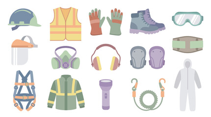 Fototapeta premium Flat Design Workplace Safety PPE Equipment Collection Vector Icons