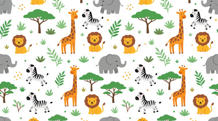 Obraz premium Cute African Safari Animals Pattern, Giraffe, Lion, Zebra, Elephant, Flat