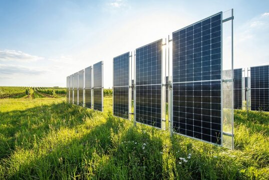 Vertical bifacial solar panels harvesting energy from both sides in green field
