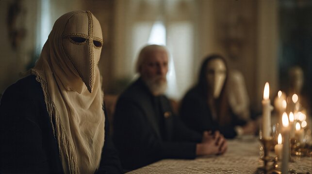 Hooded figures in beak masks seated at candlelit table. Mysterious secret society meeting in dim elegant room. Ritual gathering and conspiracy concept for historical drama.