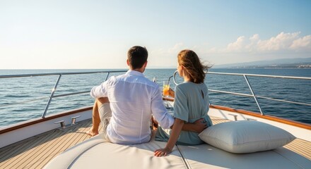 Obraz premium A couple enjoys a romantic sunset cruise on a luxurious yacht, surrounded by the serene beauty of the ocean and the breathtaking view of the coastline.