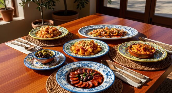 A Variety of Savory Tapas Dishes Served on Ornate Plates on a Warm Wooden Table