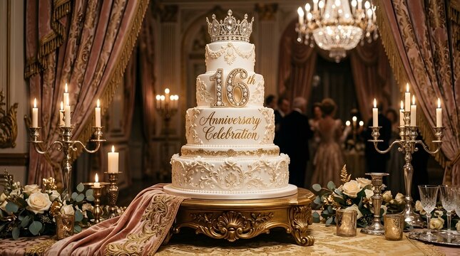 Elegant 16th anniversary celebration cake with gold crown and 16th topper in a luxurious royal ballroom setting