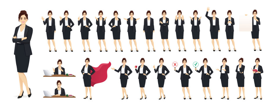 Big set of businesswoman in black suit in different poses and gestures, standing and sitting at office desk. Female corporate character collection. Isolated vector illustration.