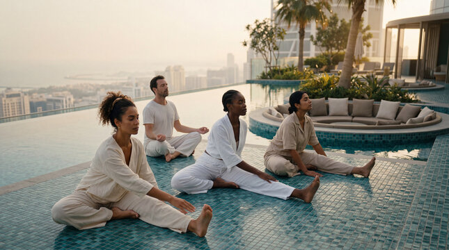 Diverse group of people practicing yoga and meditation on a luxury rooftop pool deck at sunset with city view