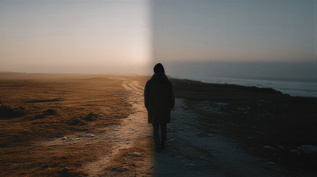 Woman standing on coastal path in split landscape at dusk. One side warm sunset glow other cool twilight mist. Symbol of journey transition and solitude in nature exploration