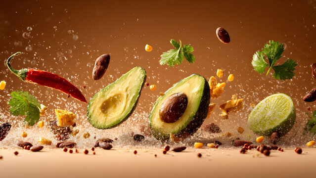 Floating Mexican Ingredients in Dynamic Motion for Cinco de Mayo Theme v2