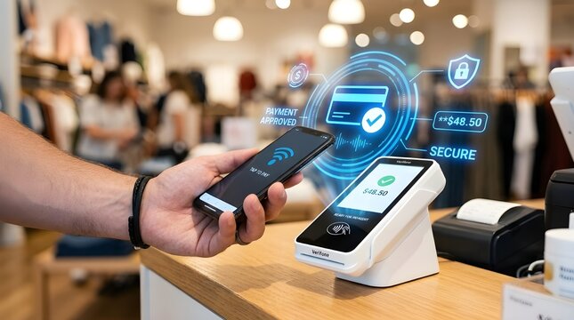 Hand holding smartphone making contactless payment at store checkout
