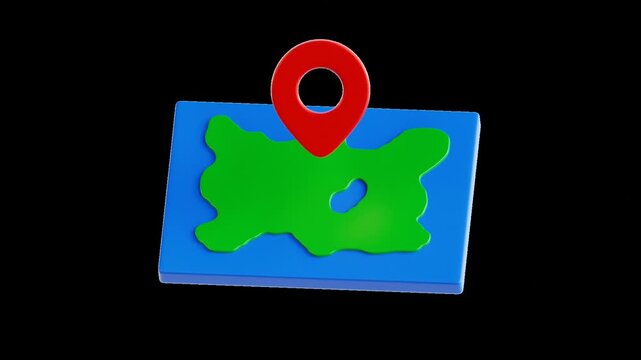 3D animation of a map with a red location pin on a transparent background. Smooth dynamic motion with seamless looping, perfect for overlays, navigation apps, travel visuals, and location.