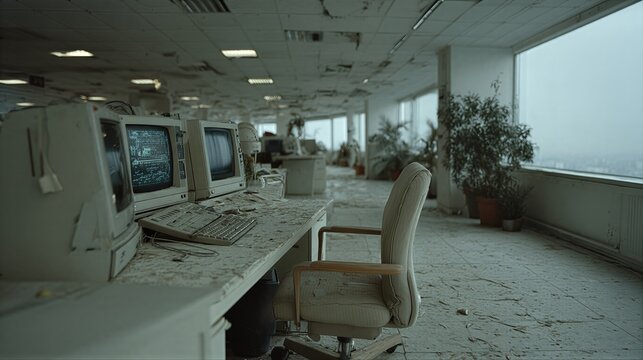 Abandoned office interior with vintage computers and monitors on dusty desks. Deserted workplace showing technology obsolescence and urban decay. Forgotten corporate space with swivel chair and