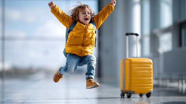 Kind springt voller Freude neben einem gelben Koffer am Flughafen vor dem Urlaub