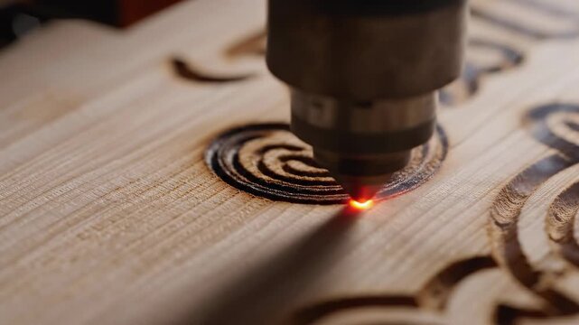 Close-up of laser engraving intricate patterns on wooden surface with bright orange laser beam illuminating the design