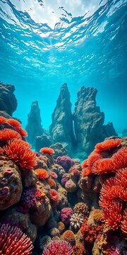 Rock formations jut out from the ocean floor, surrounded by a kaleidoscope of coral and sea anemones, clear water, coral reef