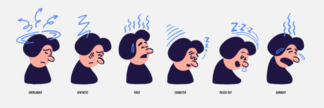 Comic emotion expression set with character faces and motion marks showing states like overloaded and burnout in flat vector style. Comic character expressions for stickers and mental health graphics