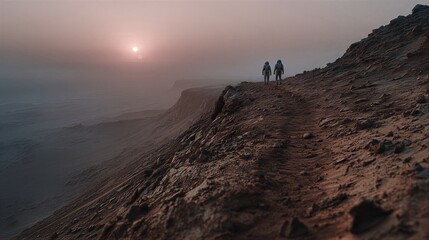 Obraz premium Two astronauts standing on rocky cliff of red planet at sunset. Exploring alien landscape with hazy atmosphere. Space mission discovery and futuristic adventure concept.