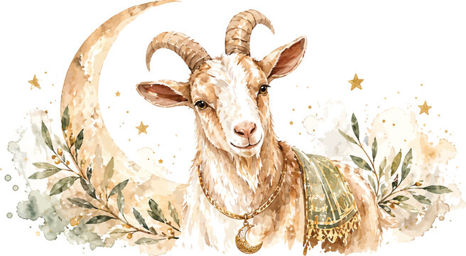 Watercolor goat zodiac illustration, celestial Capricorn aesthetic with crescent moon and stars, mystical animal vector