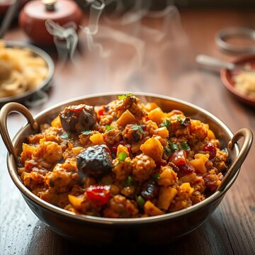 Savory biriyani aroma wafts from a steaming hot dish, restaurant, || aromatic