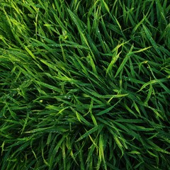 Fototapeta premium Aerial carpet of grass blades: close-up top-down scene in vibrant greens