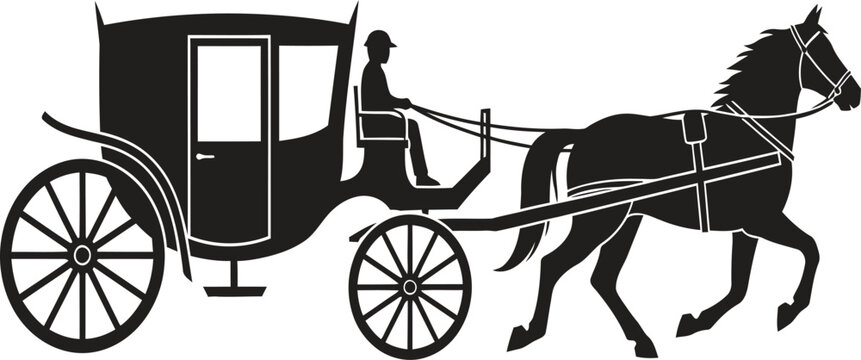 Vintage Horse Drawn Carriage Silhouette Icon with Driver and Stallion