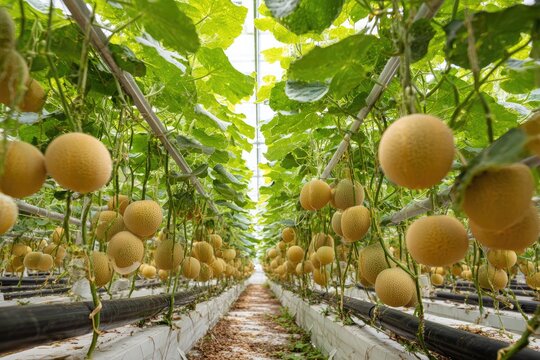 Ripe cantaloupes growing in rows inside a bright, modern greenhouse