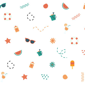 Motif estival sans couture avec ic&ocirc;nes minimalistes et &eacute;l&eacute;ments de plage. Design moderne id&eacute;al pour fond graphique, textile, packaging et supports cr&eacute;atifs.