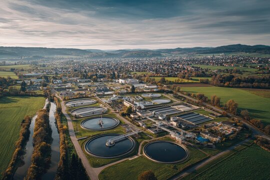 Aerial view of a municipal wastewater treatment plant with grey water recycling in Europe