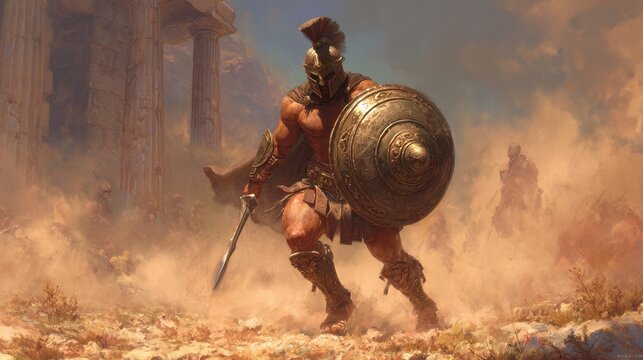Ancient Greek warrior in ornate bronze armor, round shield and short sword on a dusty battlefield