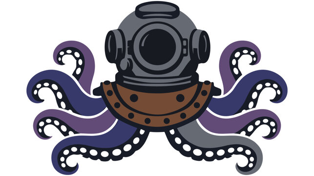 Vintage diving helmet with octopus tentacles underwater marine theme.
