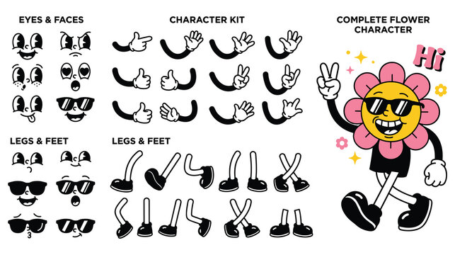 Retro cartoon character creation kit with various faces hands feet.