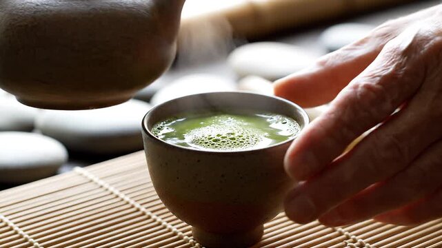 Delicate hands carefully pour vibrant green matcha tea from a traditional teapot into a rustic ceramic cup, creating a foamy surface.