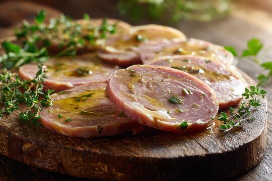Appetizer platter featuring thinly sliced head cheese and herbs