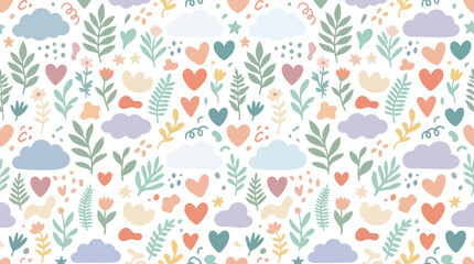 Naklejka premium Cute Seamless Pattern with Hearts, Clouds, Flowers, Leaves. Whimsical Nature Love Flat Design Background.