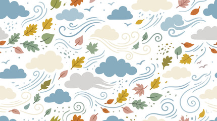 Obraz premium Nature Autumn Windy Weather Seamless Pattern Flat Art with Clouds and Falling Leaves