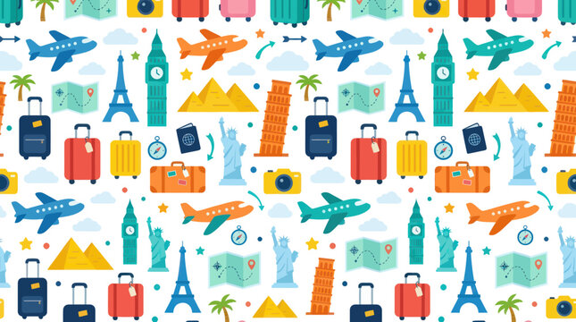 Seamless Flat Design Travel and Tourism Pattern with World Landmarks and Vacation Icons