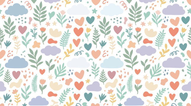 Cute Seamless Pattern with Hearts, Clouds, Flowers, Leaves. Whimsical Nature Love Flat Design Background.