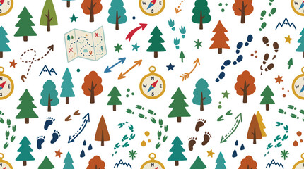 Naklejka premium Cute Cartoon Camping Adventure Pattern with Trees, Map, Compass, Footprints