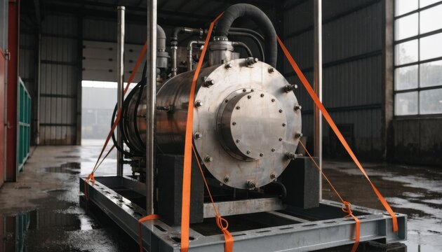 Industrial equipment placed on an open skid with straps and padding ensuring stability during transport on a loading dock.