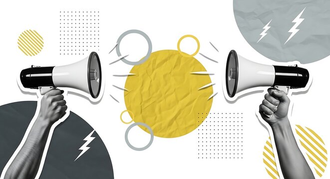 Two hands holding megaphones facing each other with abstract shapes and lightning bolts.