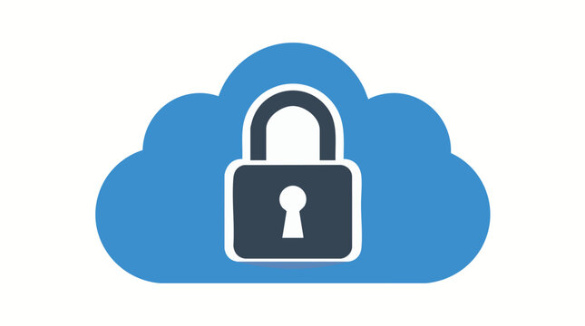Cloud security concept: Flat vector design of a blue cloud and padlock representing safe online storage and cybersecurity.