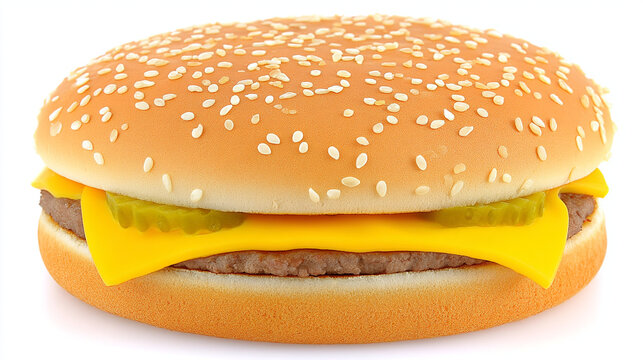 Classic cheeseburger with sesame seed bun beef patty yellow cheese and pickle slices
