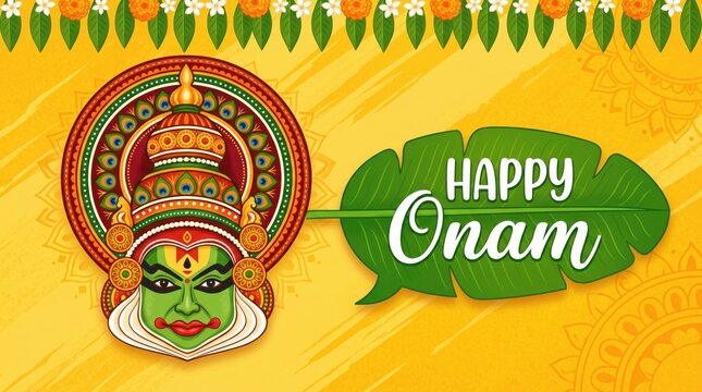 Happy onam festival illustration with traditional kathakali face and green leaf