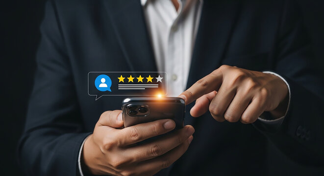 Customer Feedback Rating: A person's hand using a modern smart phone is focused on a user interface of rating stars to provide reviews in the area of feedback.