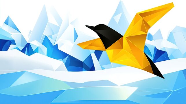 Vivid Geometric Arctic Bird Soaring Over Snowy Ice Crystal Landscape
