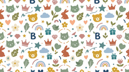 Obraz premium Cute Cartoon Pattern of Animals, Crowns, and Rainbows