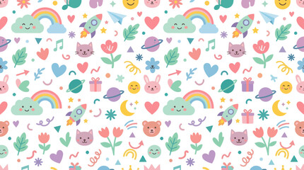 Obraz premium Cute Kawaii Space and Rainbow Seamless Pattern, Flat Vector Art