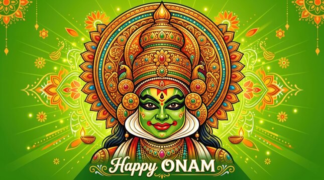 Green face kathakali dancer wearing traditional onam headdress