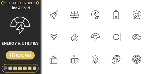 Modern energy and utilities icon pack featuring electricity, power grid, renewable sources and home utility services clean vector set © Amna's Studio