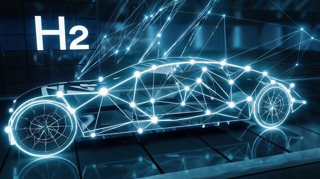Digital wireframe of a futuristic hydrogen sport car with H2 symbol representing advanced engineering and fuel cell vehicle design in virtual reality