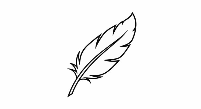 A simple black outline drawing of a single feather on a white background