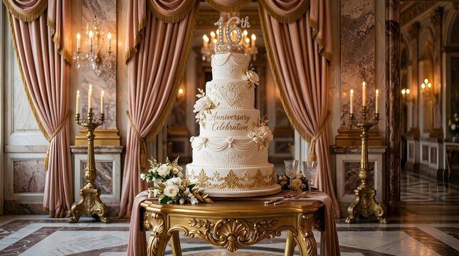 Elegant 5tier white and gold 16th anniversary cake in a luxurious grand ballroom with pink drapes and candles